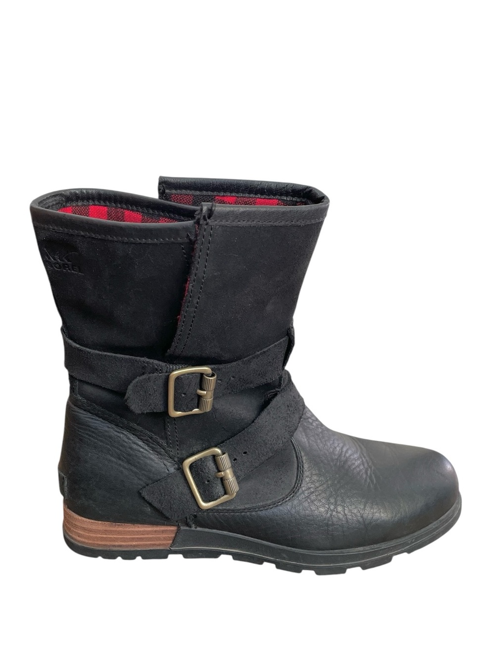 Sorel Major Moto Black Leather Boots Plaid Lining Black 8.5